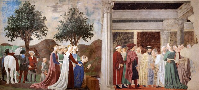 Piero della Francesca, Adorazione del sacro legno e incontro di Salmone con la regina di Saba