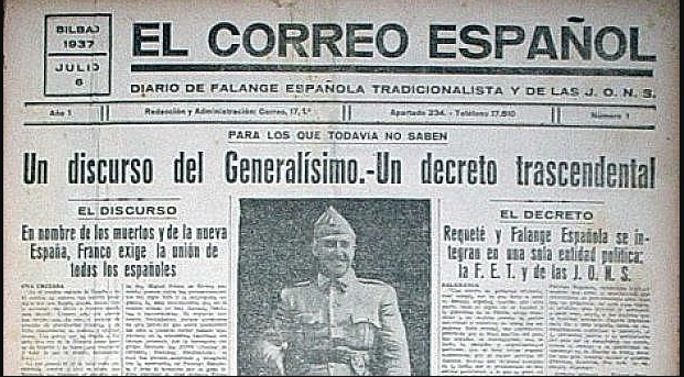 Franco promulga el día 19 el llamado Decreto de Unificación, por medio del cual crea una única formación política legal bajo su mando: FET y de las JONS.