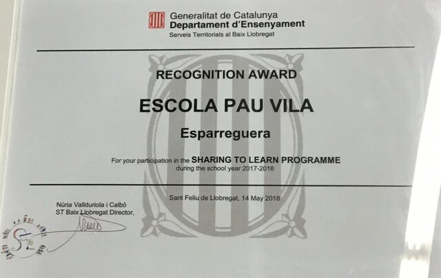 Reconeixement a la participació en el projecte "Sharing to learn programme"