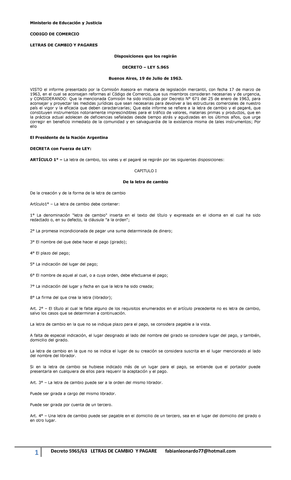 SANCION DEL DECRETO  LEY 5965/63 - LETRAS DE CAMBIO Y PAGARÉ