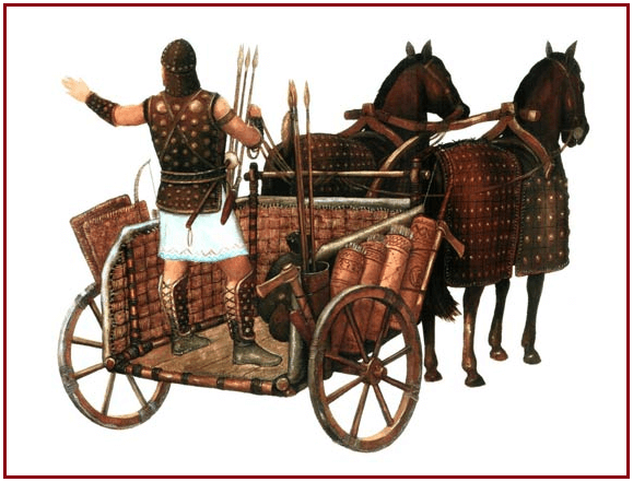 Armas de bronce, caballos y carros