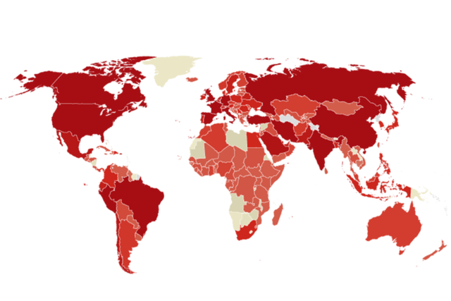 A map of the world showing the spread and intensity of the spread of COVID-19 as of approximately May 7, 2020 - some date between May 1st and May 7th.