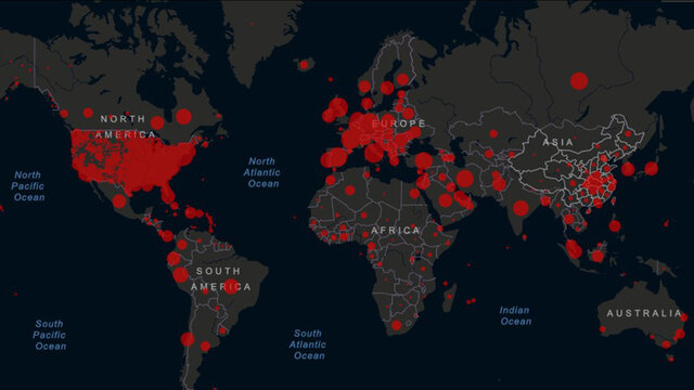 A map of the world showing the spread and intensity of the spread of COVID-19