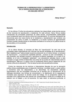 TEORÍAS DE LA REPRODUCCIÓN Y LA RESISTENCIA EN LA NUEVA SOCIOLOGÍA DE LA EDUCACIÓN: Un análisis crítico