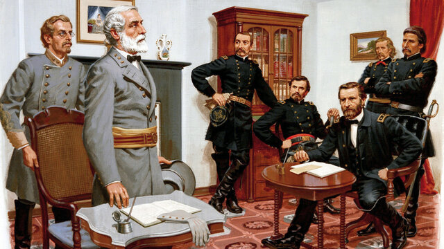 Robert E. Lee surrenders at Appomattox