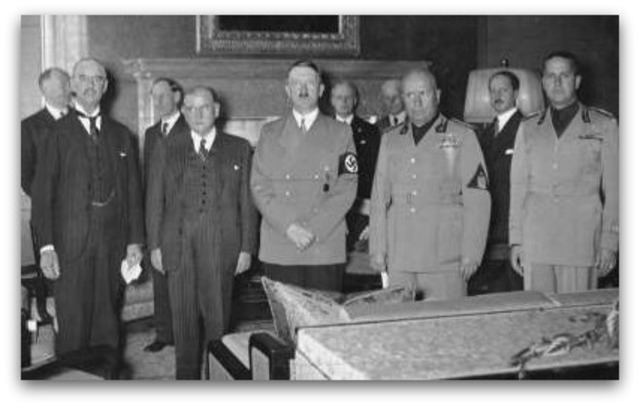 •	Britain’s Neville Chamberlain and Hitler meet at the Munich Conference