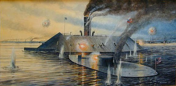 Merrimac and the Monitor fight at the Virginia coast