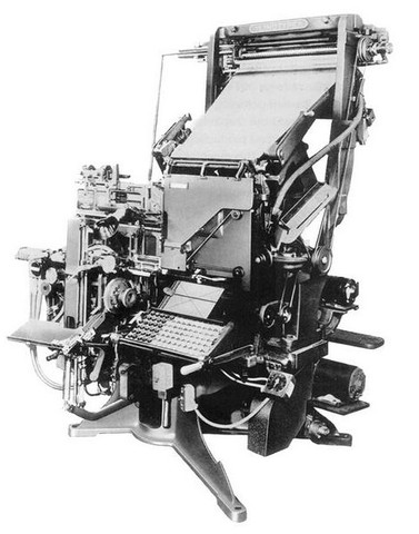 The 1st typesetting machine to dispense with metal type was exhibited.