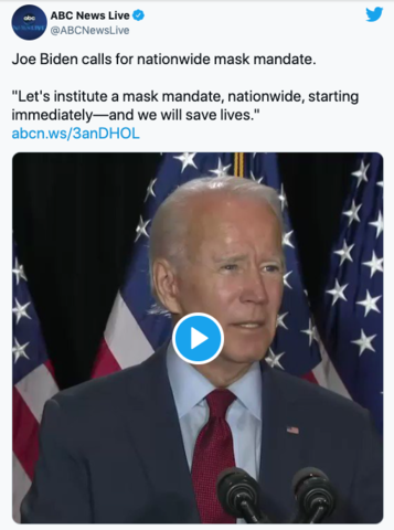 Biden calls for mask mandates nationwide for 3 months, targeting Trump's pandemic response