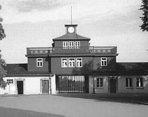 Daniel views a picture of a large hall of where he was taken after his first arrival at buchenwald.
