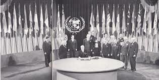 Fifty nations at war with the Axis Powers sign the United Nations Charter.