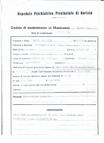 Trasferimento al Manicomio di Lonigo (Vicenza)