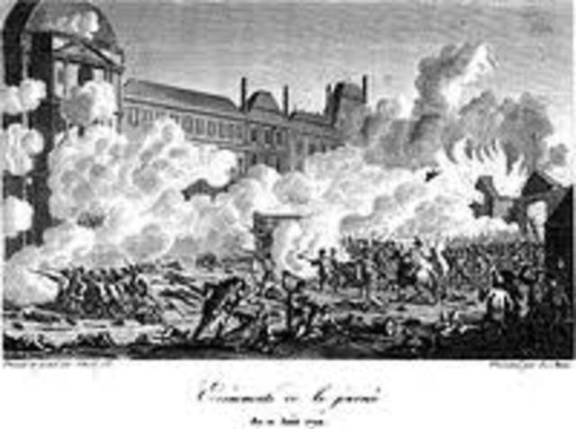 Jacobin masses storm the Tuileries Palace, massacring the Swiss Guard, and the King imprisoned