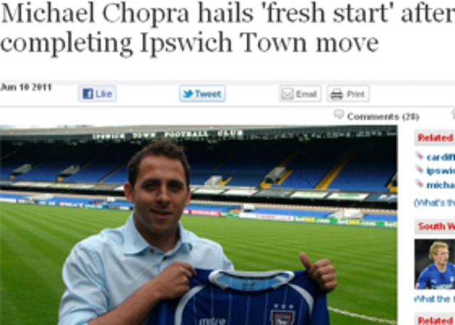 Chopra completes Ipswich Town move