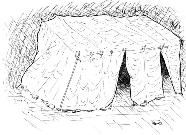 Cabaña de pieles construida dentro de la cueva de Lazaret Niza (Francia)