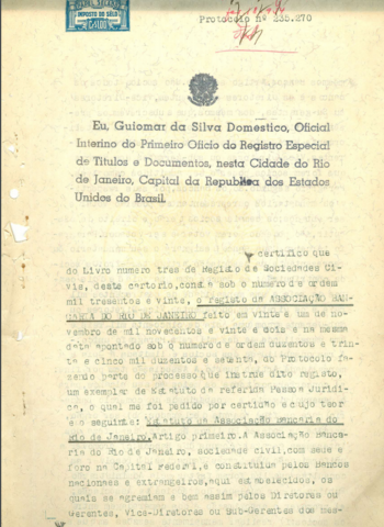 Registro em cartório da Associação e de seu Primeiro Estatuto