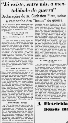 1943: Contexto da Segunda Guerra Mundial e do Estado Novo getulista. Apoio da Associação ao “bônus de guerra” como medida eficaz de combate à inflação em tempos de conflito.