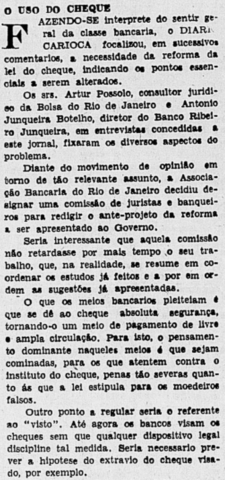 Sobre a necessidade de reforma da lei dos cheques - grande movimento de opinião em torno do assunto