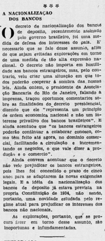 Sobre o decreto presidencial de nacionalização de bancos de depósito.