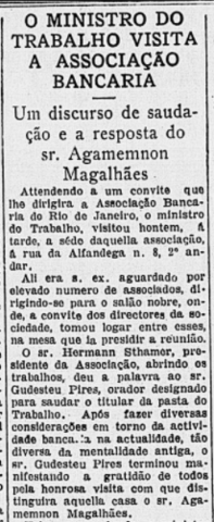 Visita do Ministro do Trabalho, Agamenon Magalhães, à sede social da Associação Bancária.