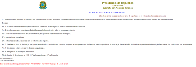 Decreto nº 20.451. Banco do Brasil se torna o responsável pelas relações cambiais do país e a Associação faz parte de uma comissão responsável por estabelecer datas e divisões de quotas cambiais nessa nova dinâmica.