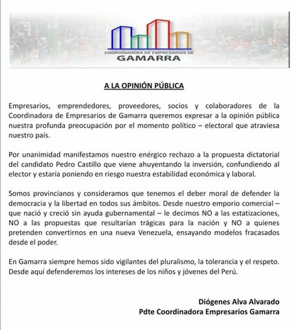 Comunicado de la Coordinadora de Empresarios de Gamarra