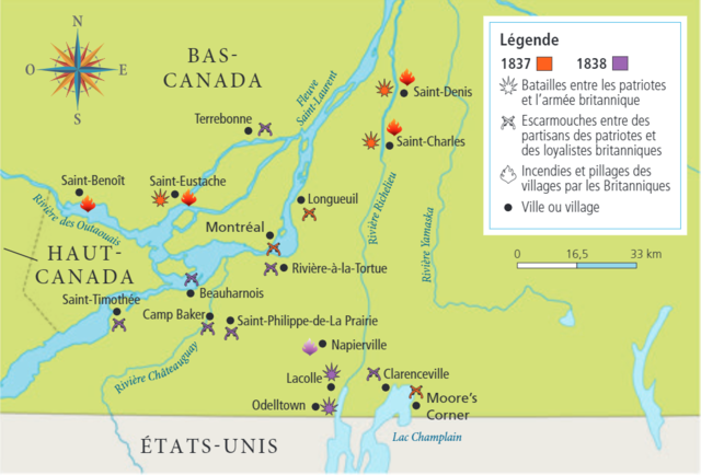 Lieux des principaux affrontements lors des soulèvements de 1837 et 1838 au Bas-Canada