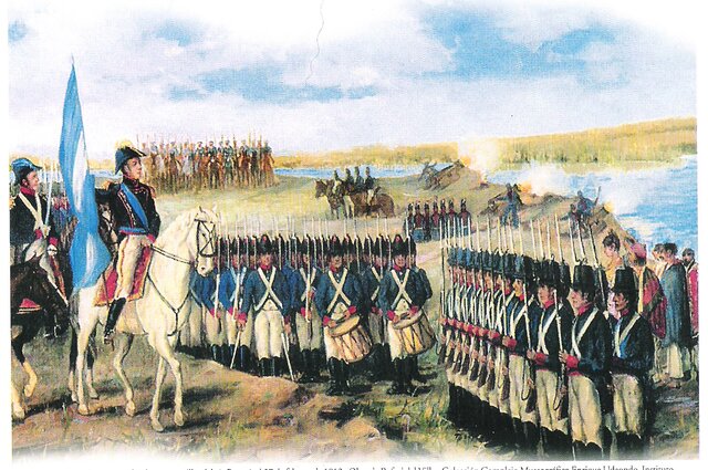 Belgrano crea la Bandera, celeste y blanca a orillas del Rio Parana, Rosario. Se hace cargo del Ejercito del Norte y lo rearma