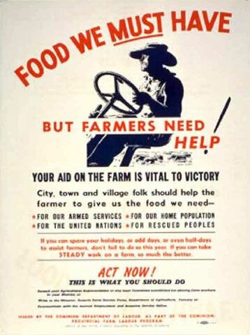 Farmers met with substantially increased demand for produce for soldiers as Canada enters war.