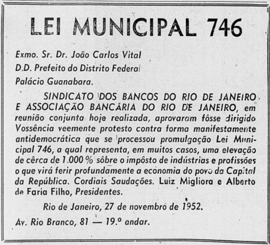 Oposição da Associação Bancária, juntamente ao Sindicato dos Bancos, à Lei Municipal 746, de 26 de novembro de 1952.