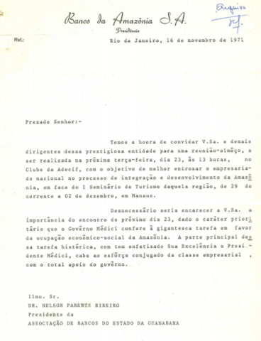 Convite para uma reunião-almoço pelo Banco da Amazônia à Associação e o plano de ocupação Médici