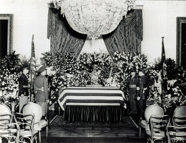 Franklin D. Roosevelt dies.