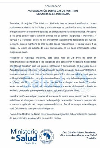 Alerta sanitaria cantonal, primer caso confirmado Covid-19