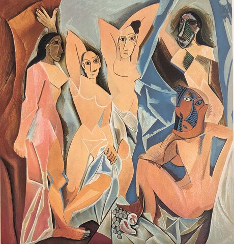 Paints Les Demoiselles d'Avignon. Sees African sculptures at the Trocadéro museum. Meets Georges Braque