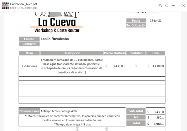 Nos envió la cotización del acabado