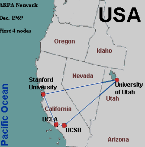 Se conectan las dos primeros ordenadores que formaron ARPANET. Entre las universidades de UCLA y Standford (California). (Referencia 5)