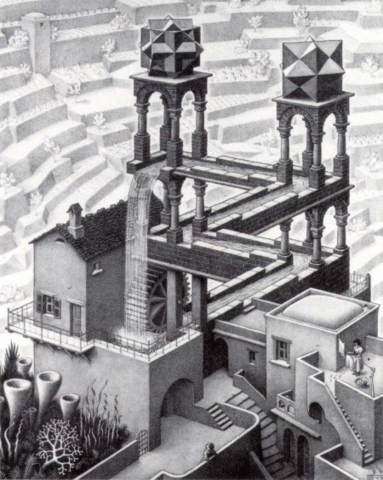 [2] Escher, dibujate inspirado en las matemáticas, hace su famoso dibujo «La cascada»