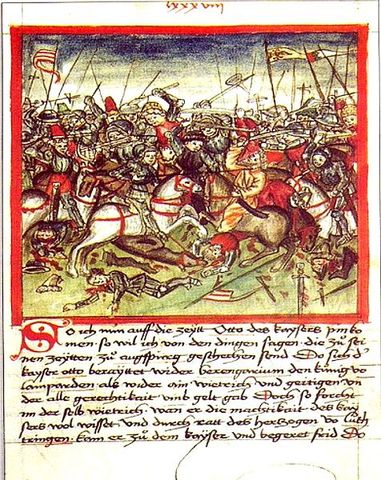 Battle of Lechfeld. Otto the Great, son of Henry the Fowler, defeats the Magyars