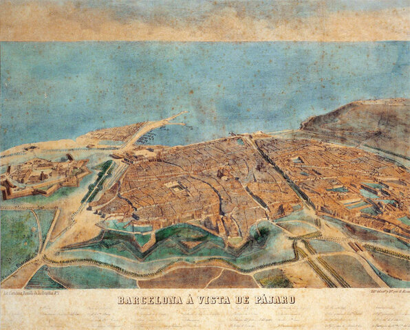Vista de Barcelona a vol d'ocell, pintada per Onofre Alzamora cap a mitat del s XIX
