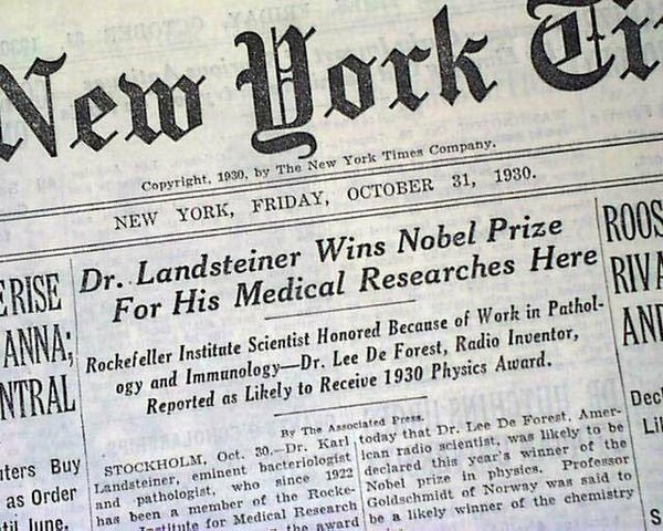 Landsteiner recibe el Premio Nobel por el descubrimiento del sistema ABO