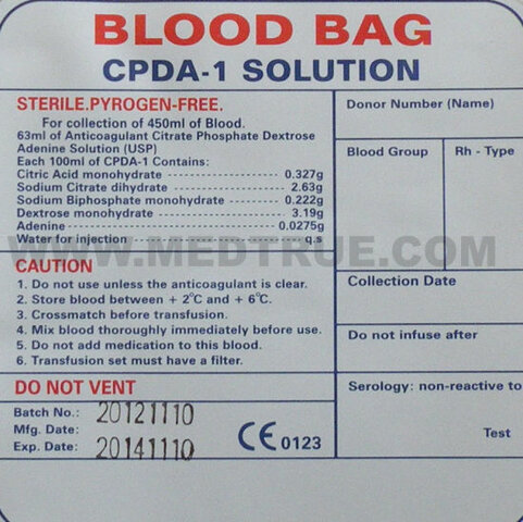 Se formula en luevo anticoagulante CPDA-1 (citrato,fosfato,dextrosa y adenina)