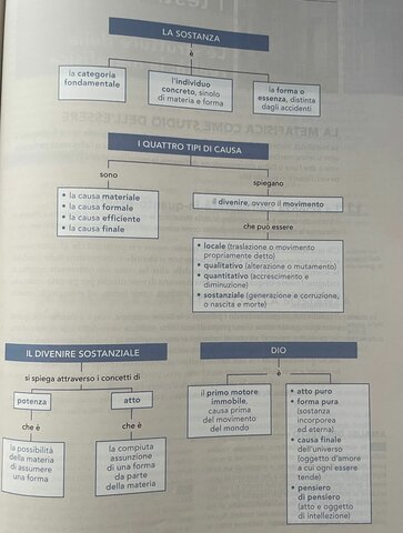 la sostanza, la dottrina delle quattro cause e del divenire, la concezione aristotelica di Dio