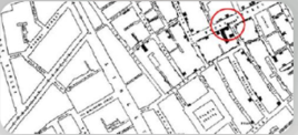 mapa del barrio Soho de londres, levantado por john snow (1854)