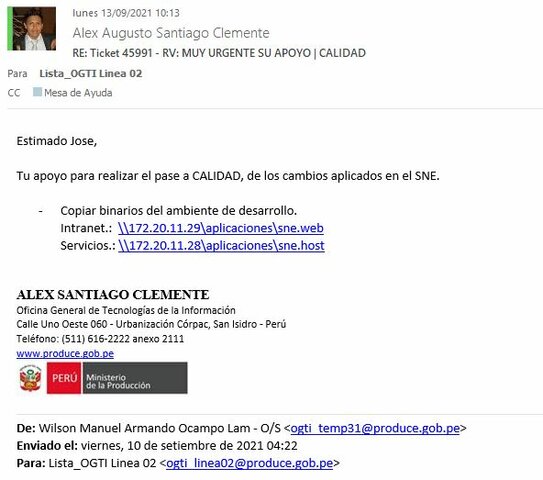 Ticket N° 46052: RE: Ticket 45991 - RV: MUY URGENTE SU APOYO | CALIDAD