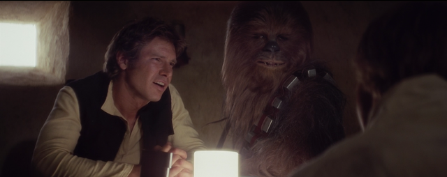 Luke, Obi wan and the droids go into the local cantina and find Han.