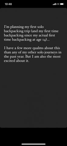 *Gene, fearing for her safety, announces she is planning a solo backpacking trip