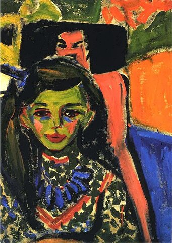 Fränzi Ante una silla tallada de Ernst Ludwig Kirchner