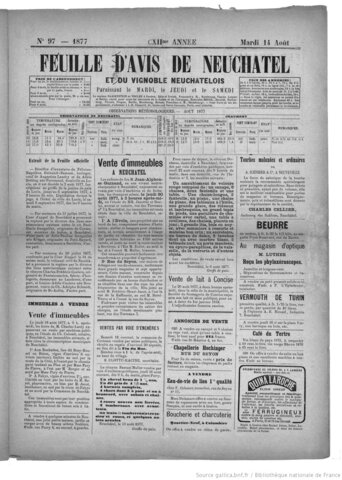 Première parution de “Feuille d’Avis de Neuchâtel”