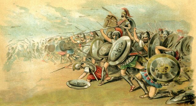 Greeks and Persians fight at Marathon.