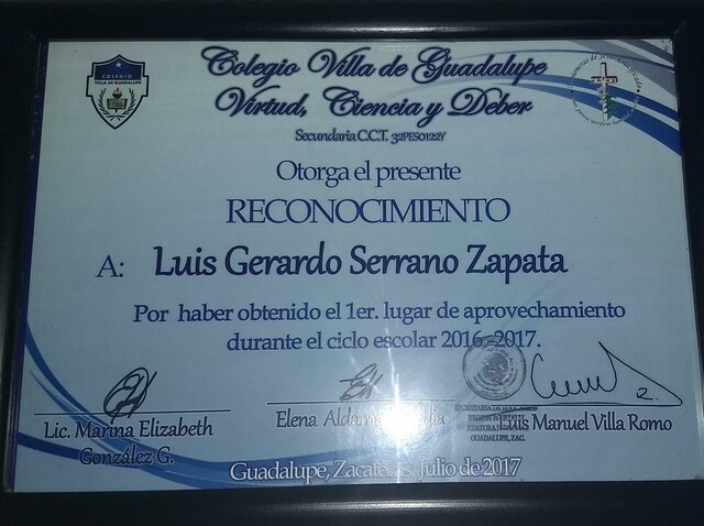 RECONOCIMIENTO POR EL 1ER LUGAR DE APROVECHAMIENTO